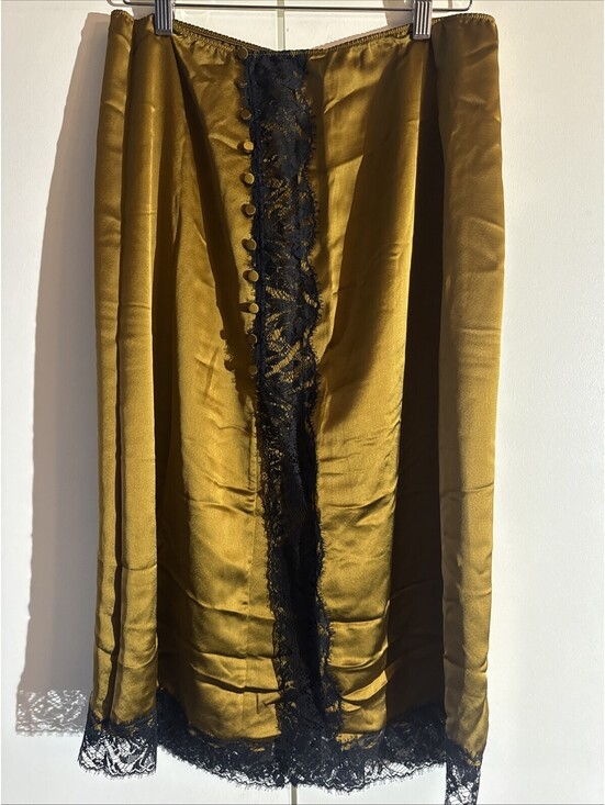 Victoria's Secret Dresses & Skirts - Victoria’s Secret Satin Gold Bronze Midi Slip Skirt Black Lace Button Trim X